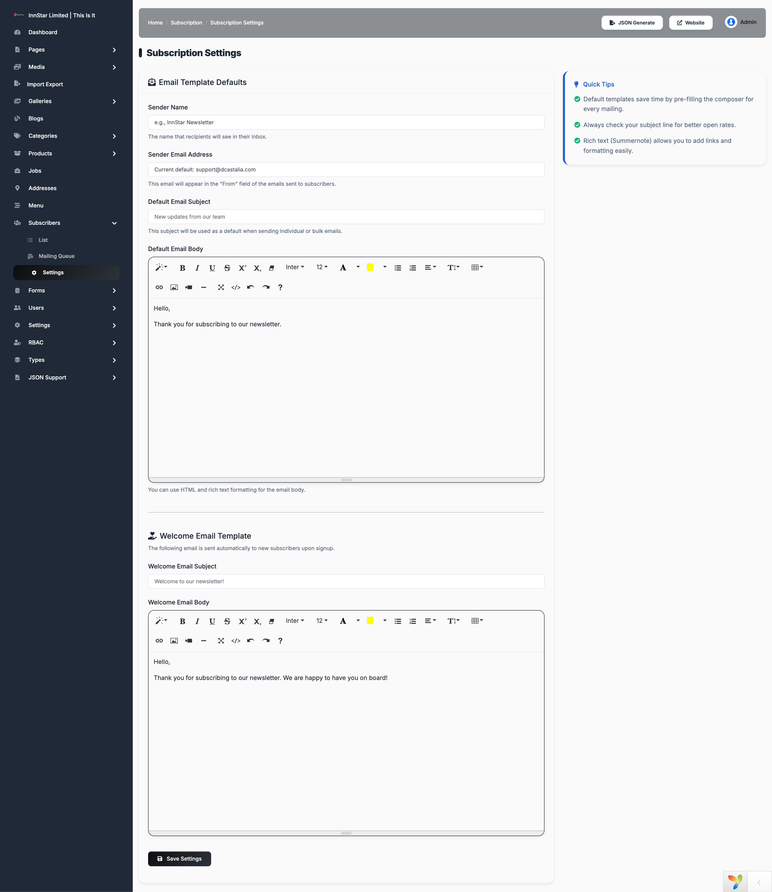 Subscription Settings